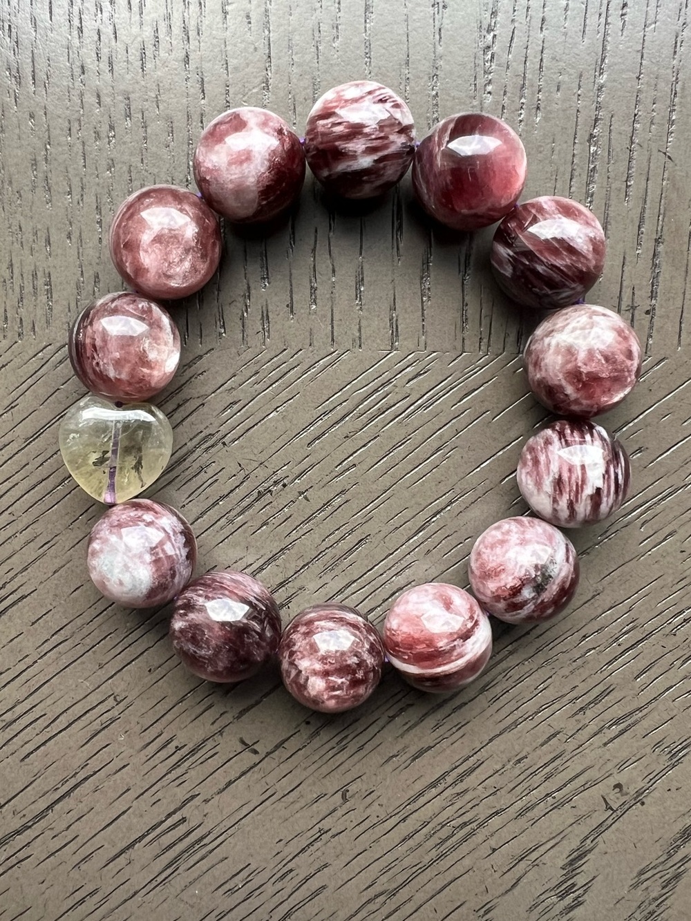Purple mica with heart black feather auralite bracelet 15mm SIZE 7’